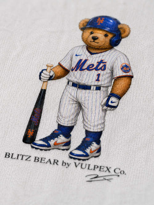 Amazin’s Blitz Bear DTG print macro detail on heavyweight cotton