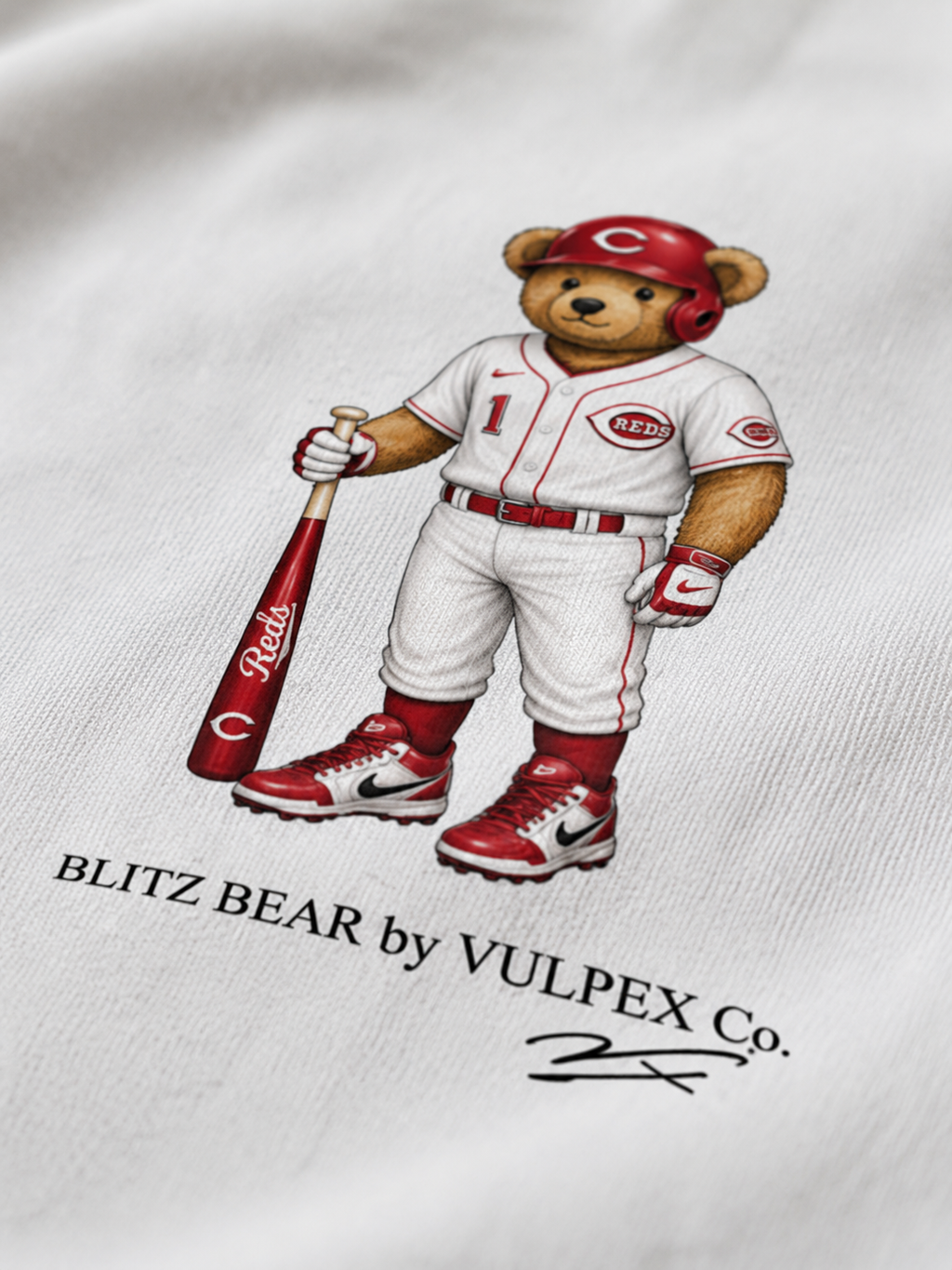 Big Red Machine Blitz Bear DTG print macro detail on heavyweight cotton