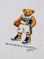 Blue & Gold Blitz Bear DTG print macro detail on heavyweight cotton