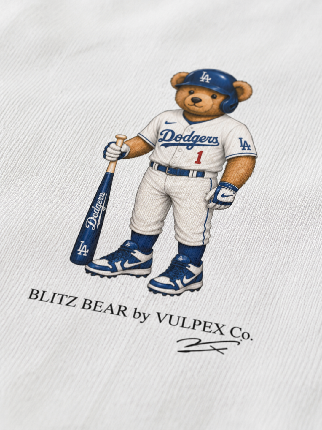 Blue Crew Blitz Bear DTG print macro detail on heavyweight cotton