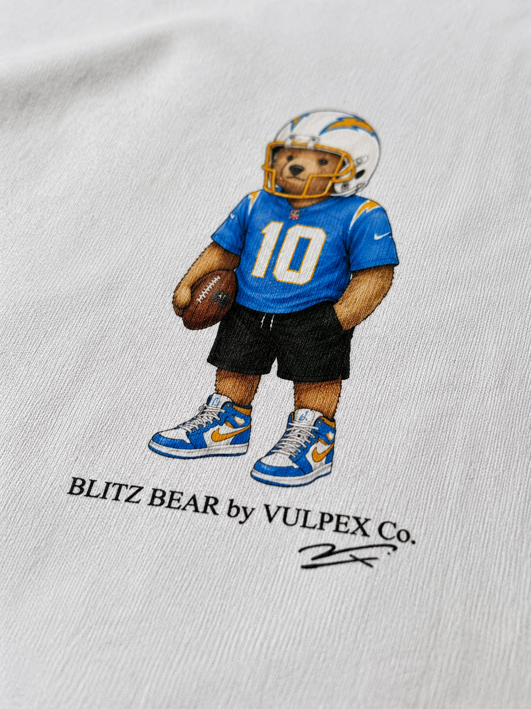Bolts Blitz Bear DTG print macro detail on heavyweight cotton