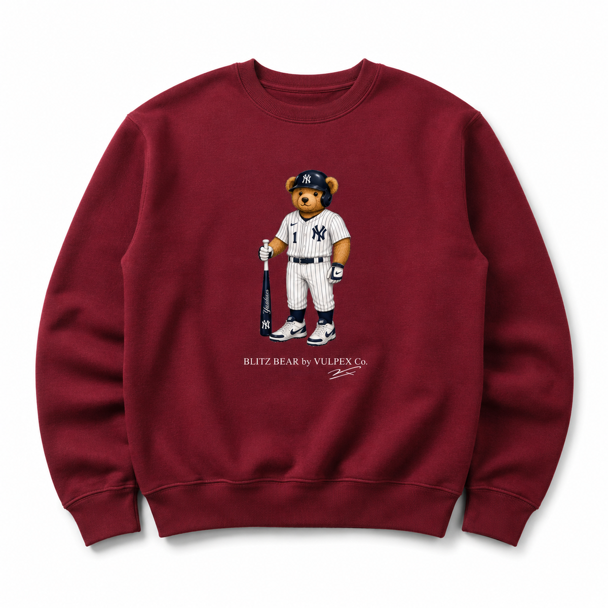 Bronx Bombers Blitz Bear Sweatshirt - Wine Red - premium editorial front