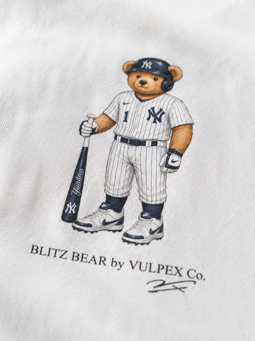 Bronx Bombers Blitz Bear DTG print macro detail on heavyweight cotton