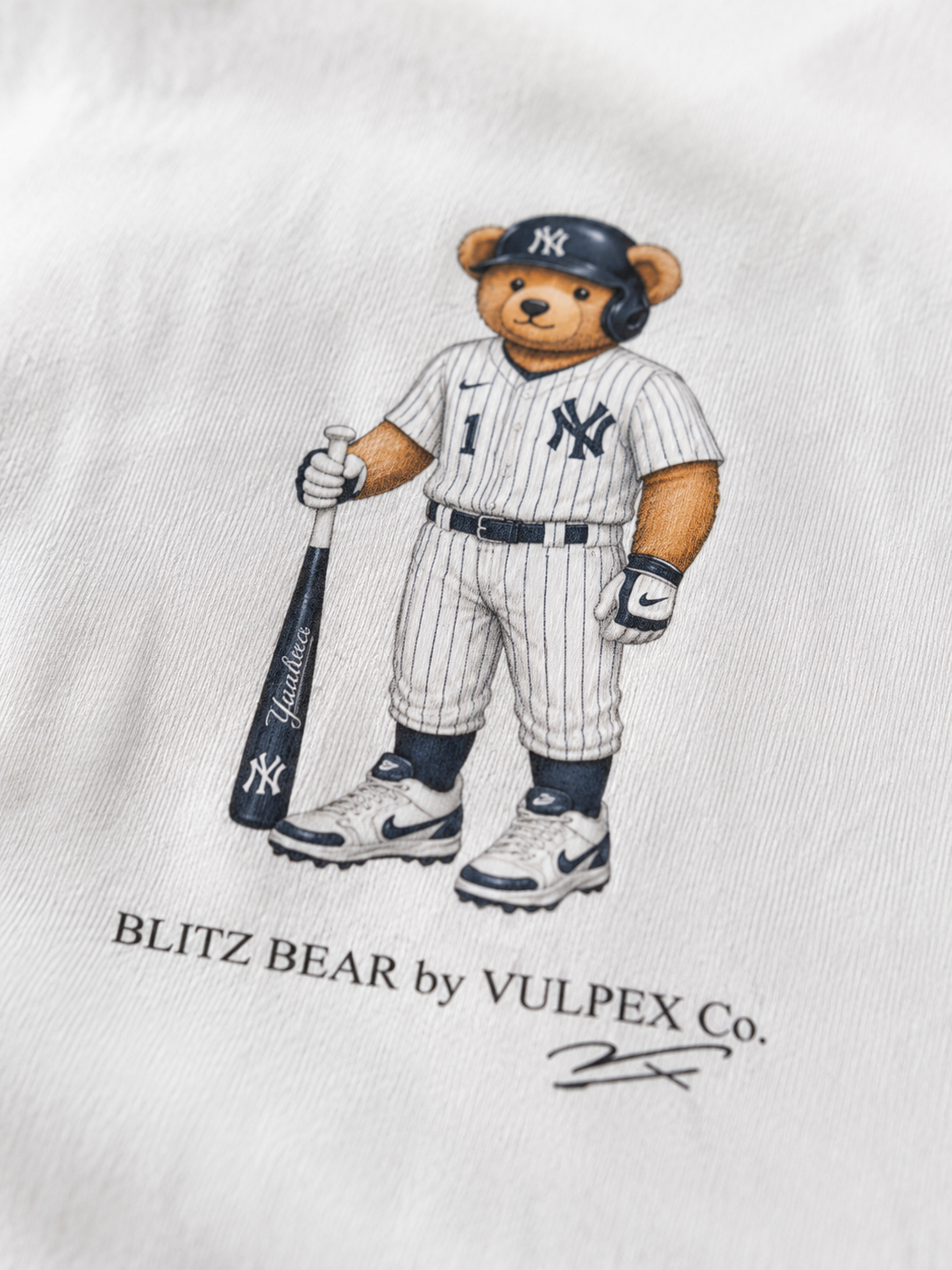 Bronx Bombers Blitz Bear DTG print macro detail on heavyweight cotton