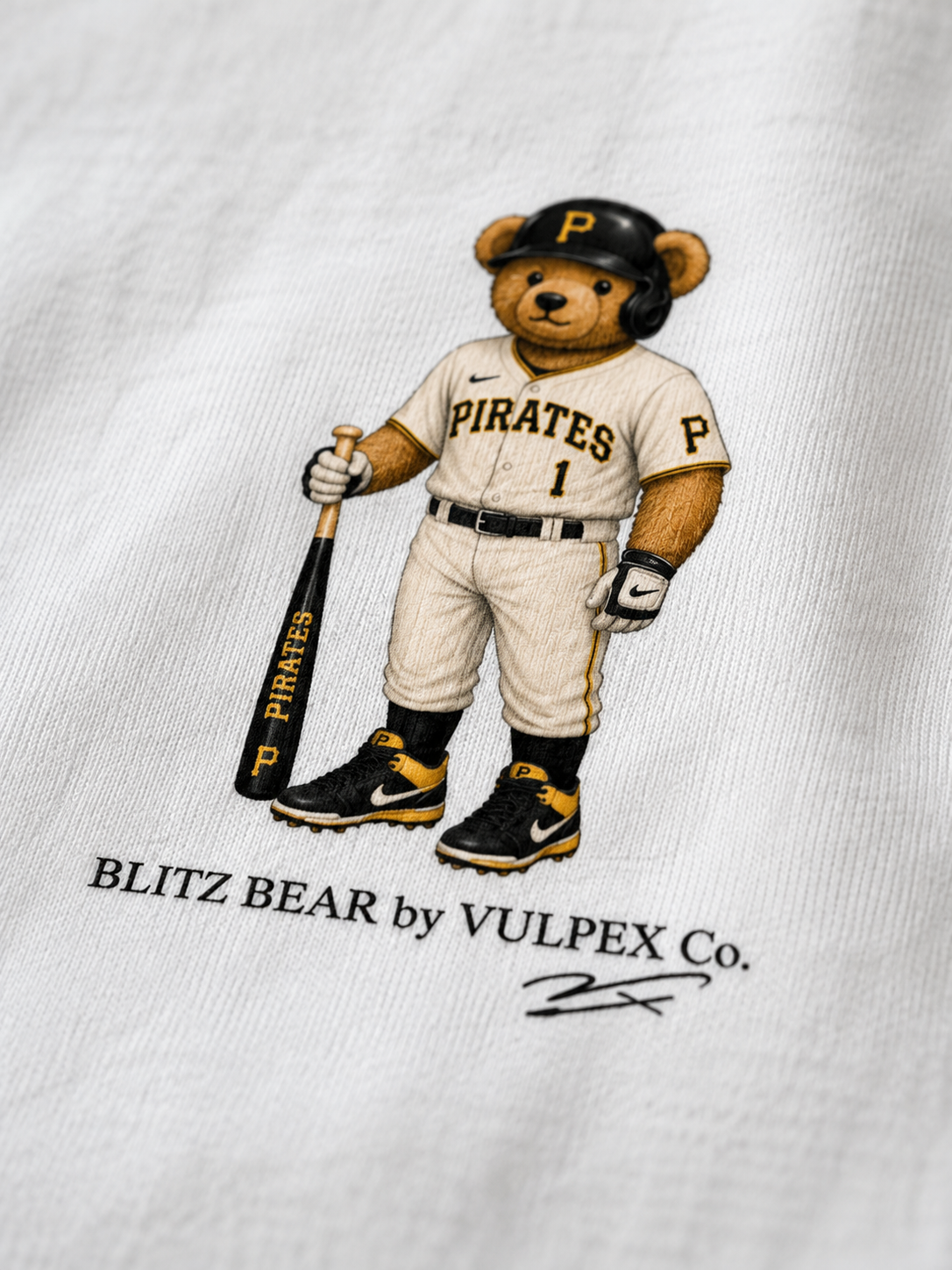 Buccos Blitz Bear DTG print macro detail on heavyweight cotton