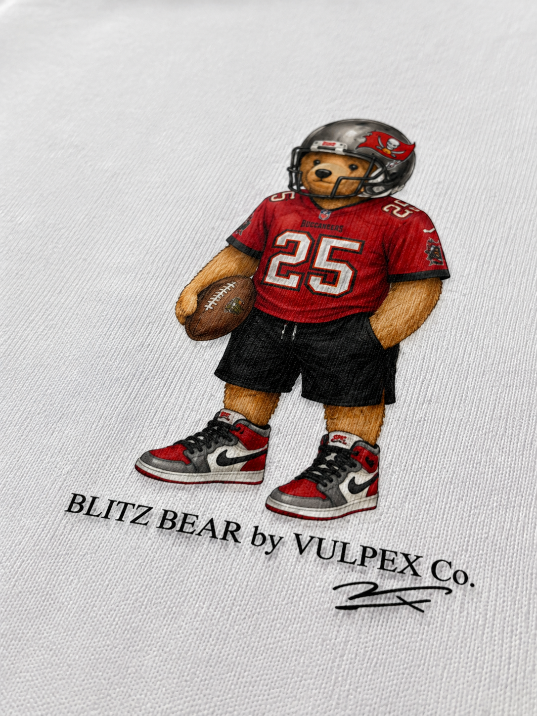 Bucs Blitz Bear DTG print macro detail on heavyweight cotton