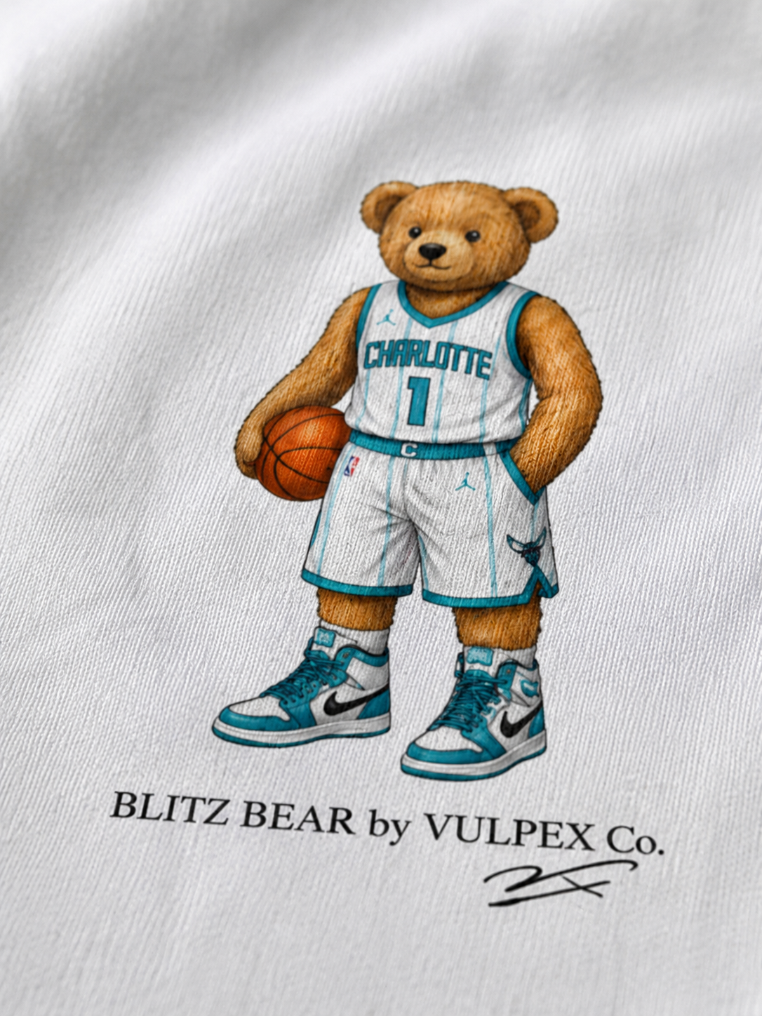 Buzz City Blitz Bear DTG print macro detail on heavyweight cotton