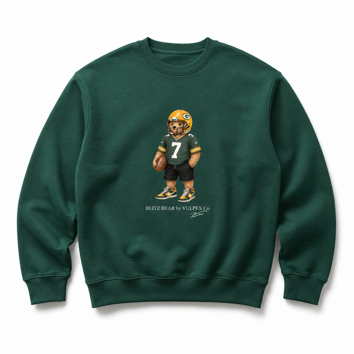 Cheeseheads Blitz Bear Sweatshirt - Dark Green - premium editorial front