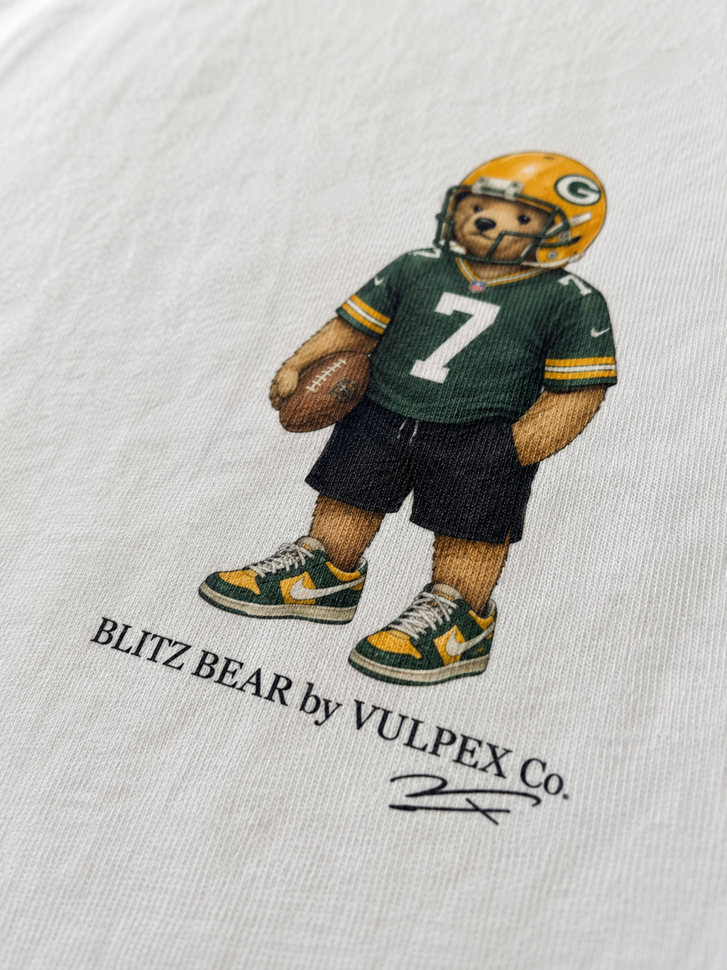 Cheeseheads Blitz Bear DTG print macro detail on heavyweight cotton