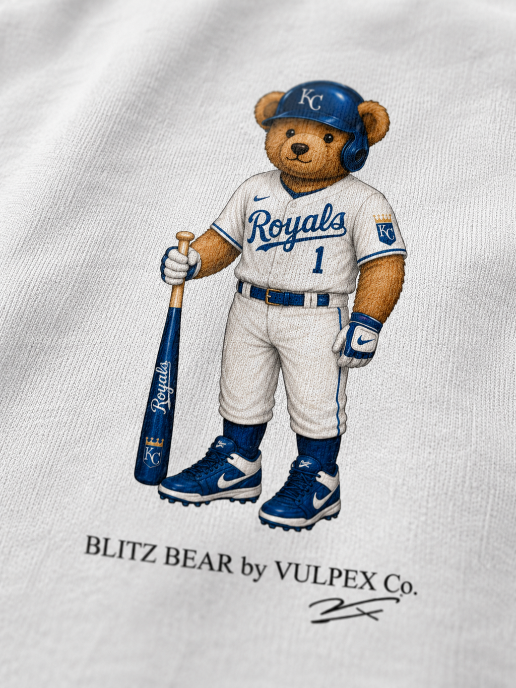 Crowns Blitz Bear DTG print macro detail on heavyweight cotton