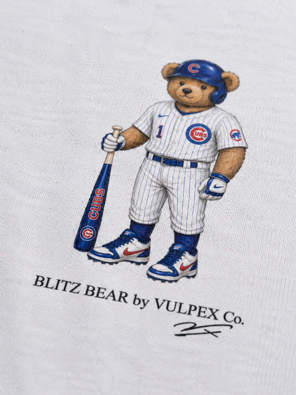 Cubbies Blitz Bear DTG print macro detail on heavyweight cotton