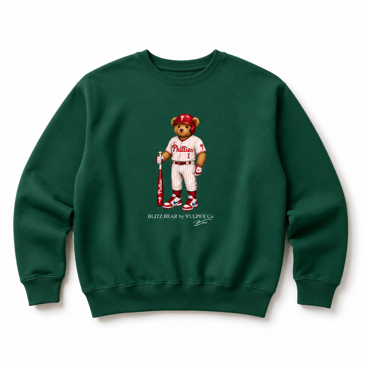 Fightin’ Phils Blitz Bear Sweatshirt - Dark Green - premium editorial front