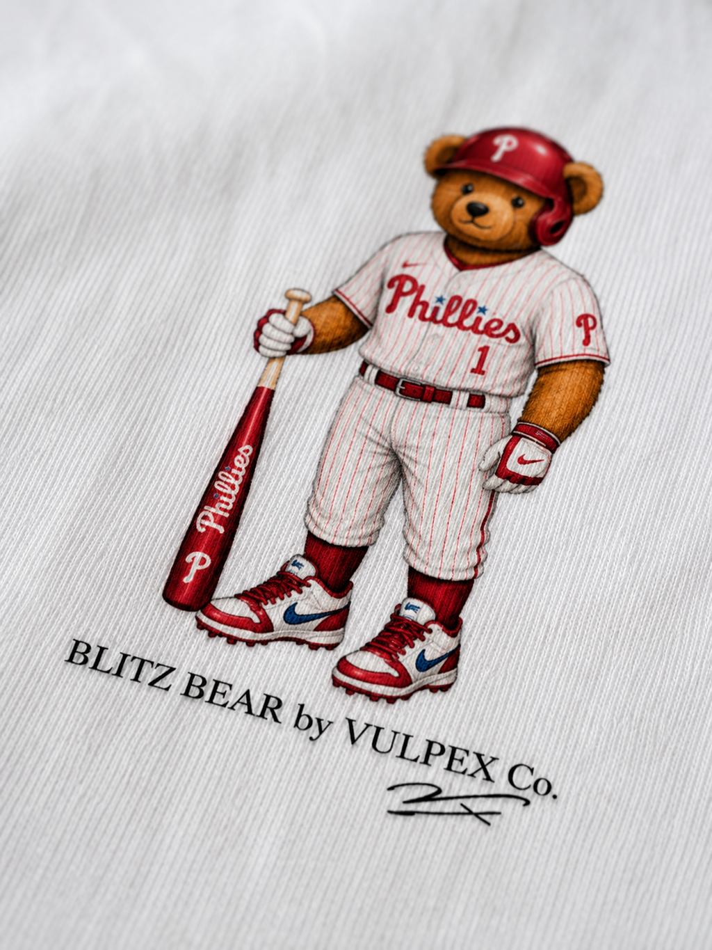 Fightin’ Phils Blitz Bear DTG print macro detail on heavyweight cotton