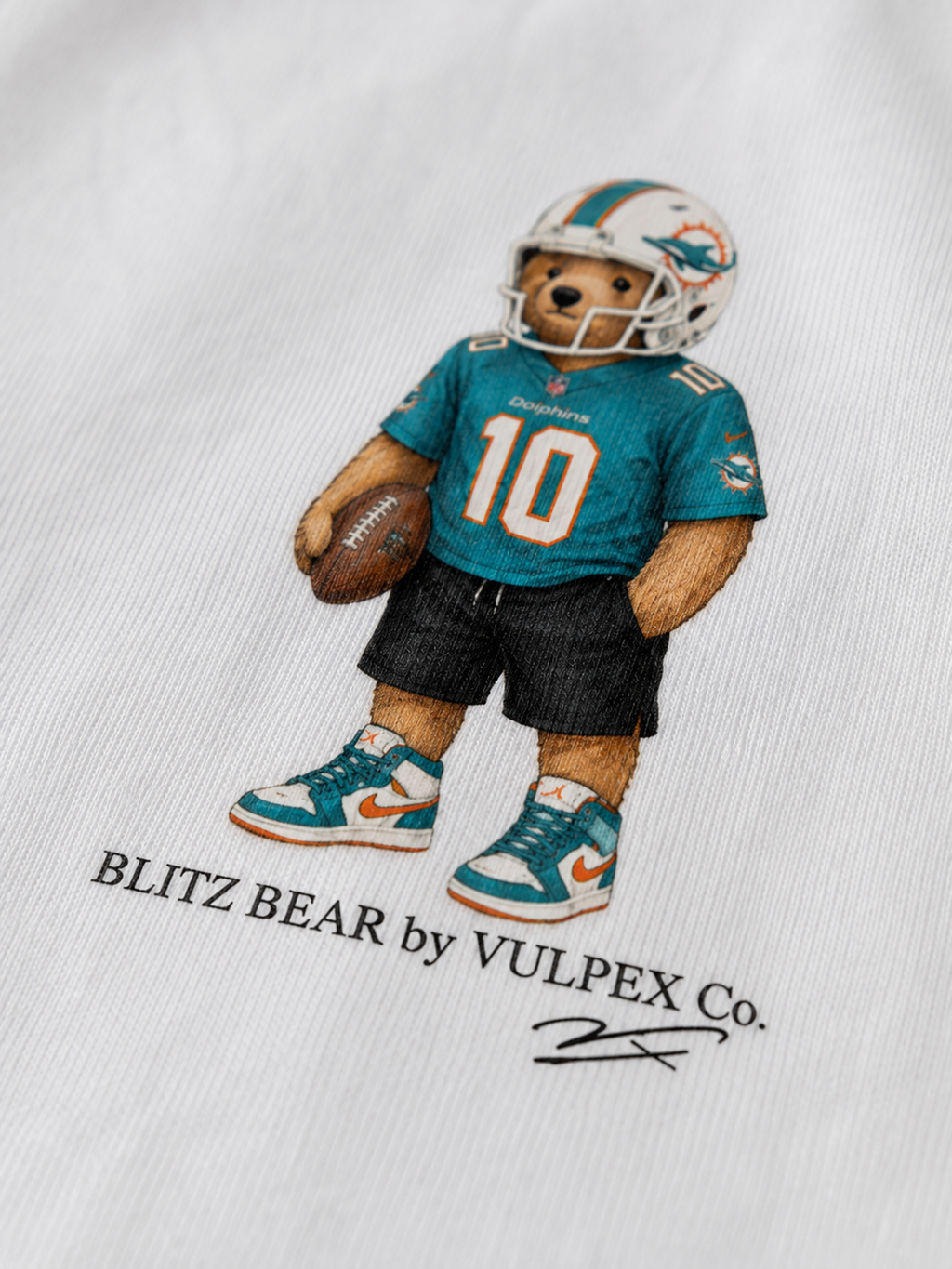 Fins Up Blitz Bear DTG print macro detail on heavyweight cotton