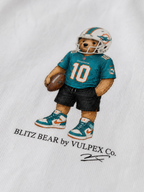 Fins Up Blitz Bear DTG print macro detail on heavyweight cotton