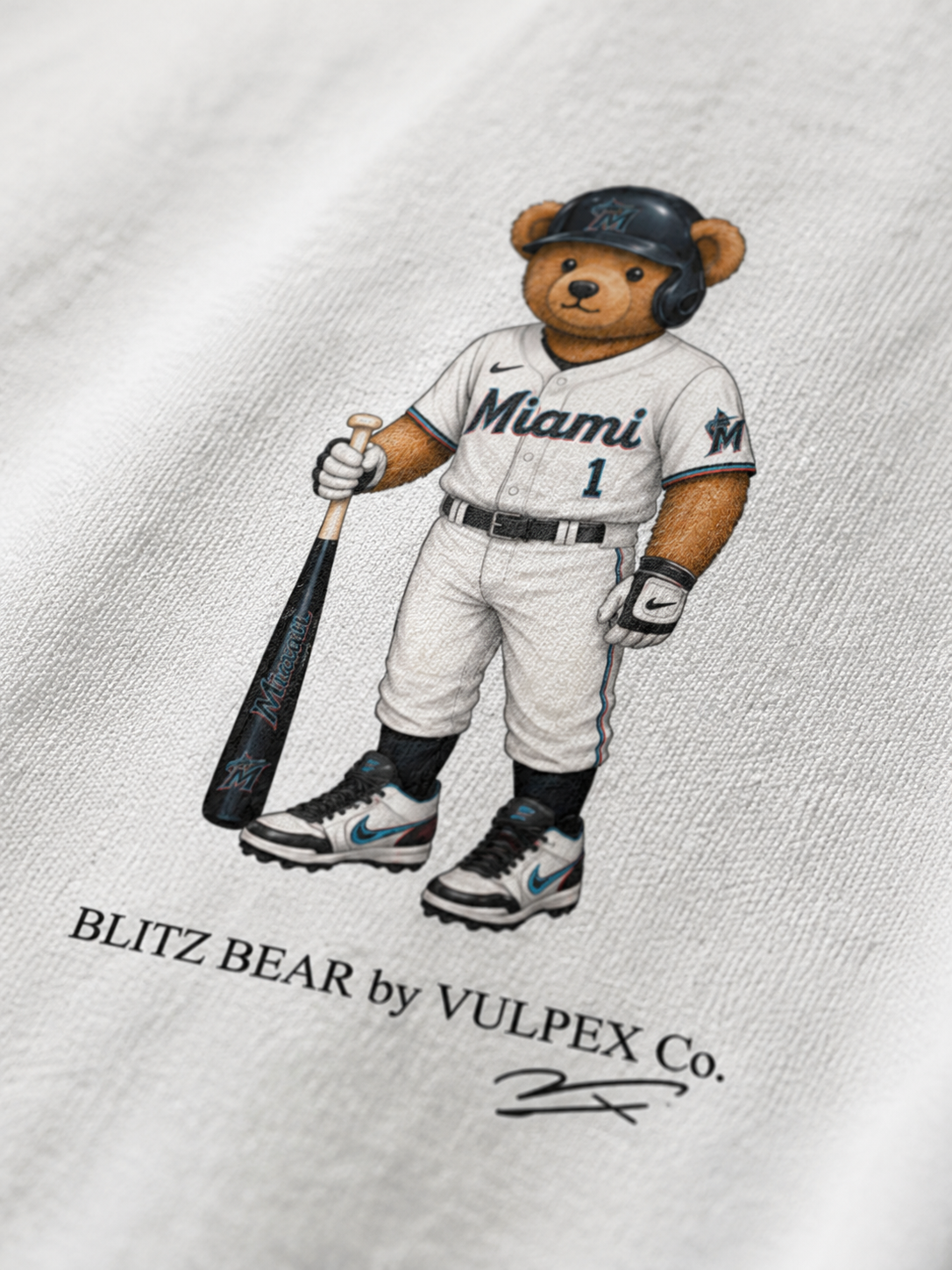 Fish Blitz Bear DTG print macro detail on heavyweight cotton