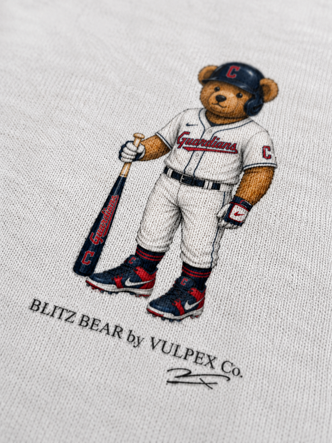 Guards Blitz Bear DTG print macro detail on heavyweight cotton