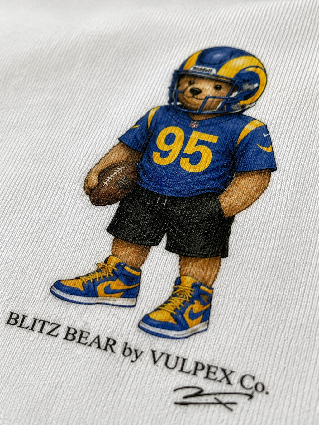Horns Blitz Bear DTG print macro detail on heavyweight cotton
