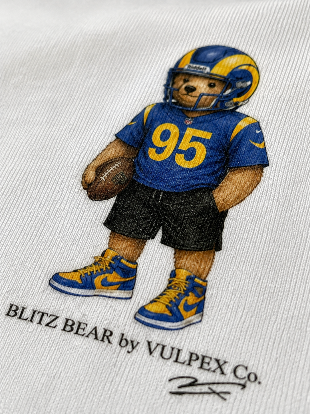 Horns Blitz Bear DTG print macro detail on heavyweight cotton
