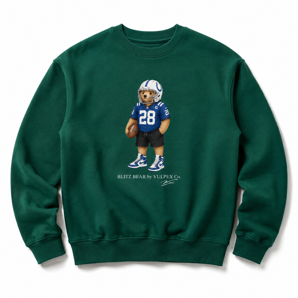 Indy Blue Crew Blitz Bear Sweatshirt - Dark Green - premium editorial front