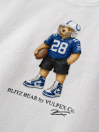 Indy Blue Crew Blitz Bear DTG print macro detail on heavyweight cotton