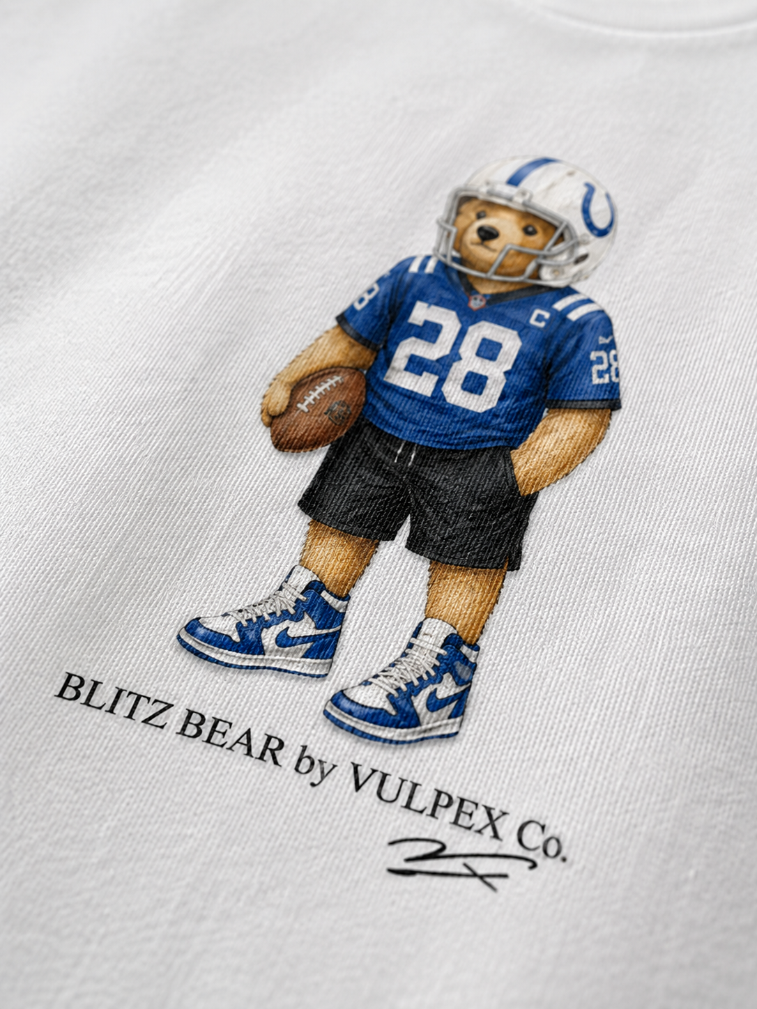 Indy Blue Crew Blitz Bear DTG print macro detail on heavyweight cotton