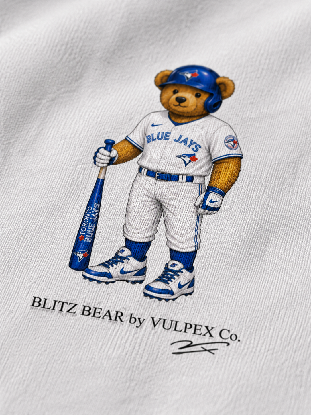 Jays Blitz Bear DTG print macro detail on heavyweight cotton