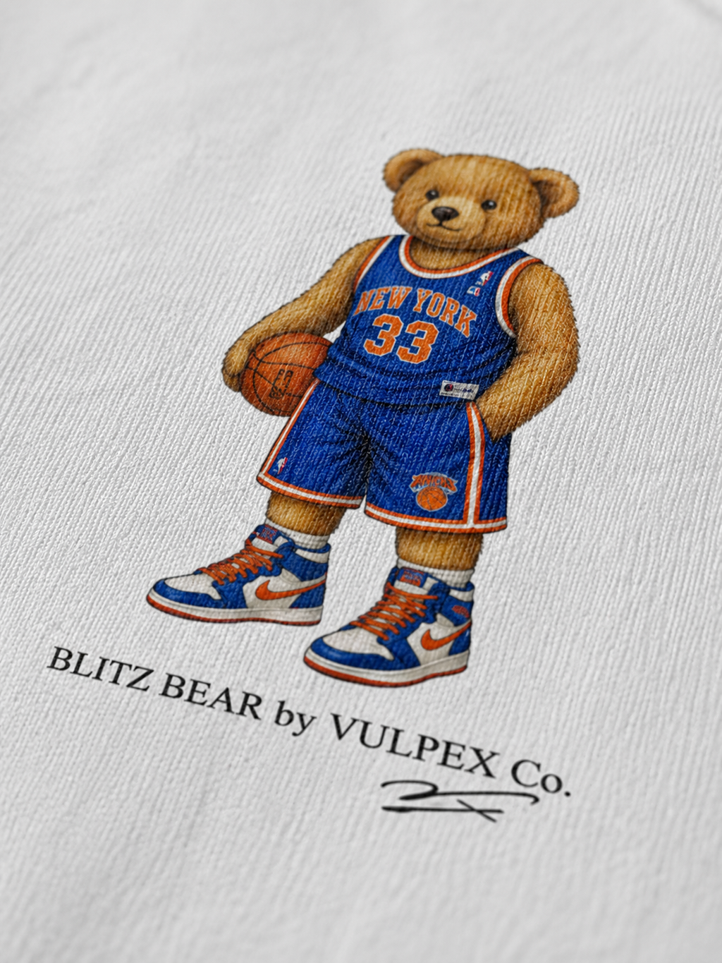 Knickerbockers Blitz Bear DTG print macro detail on heavyweight cotton