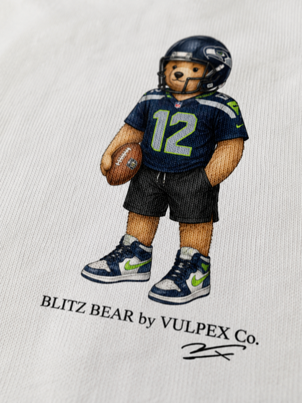 Legion of Boom Blitz Bear DTG print macro detail on heavyweight cotton