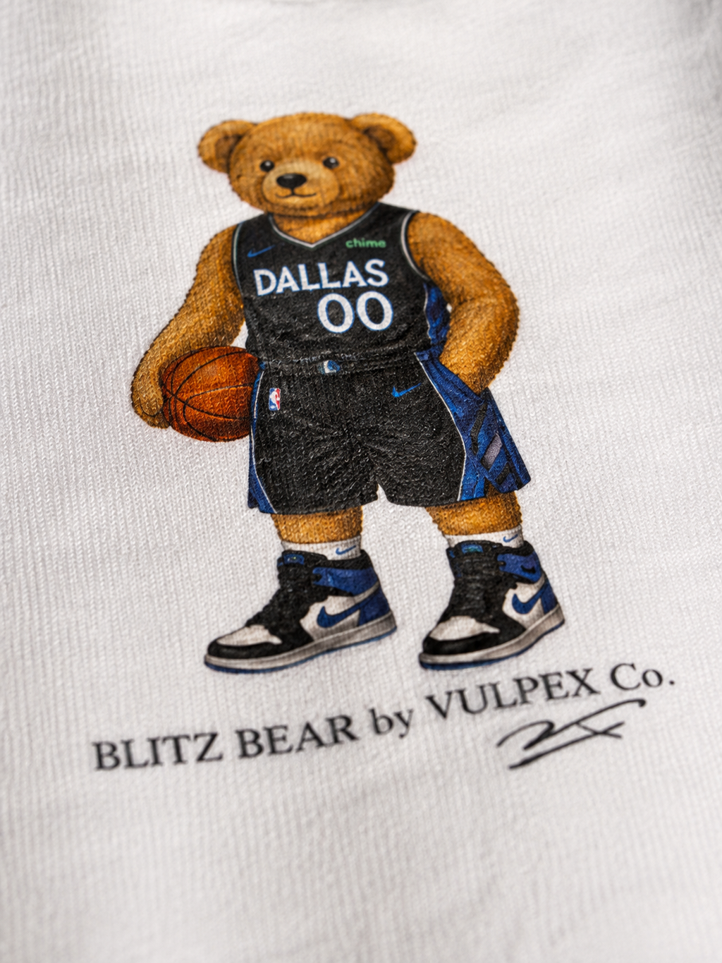Mavs Blitz Bear DTG print macro detail on heavyweight cotton