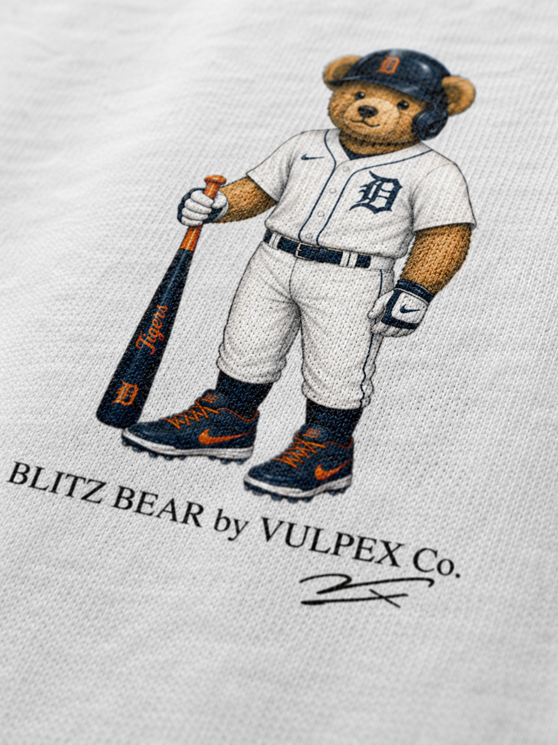 Motor City Kitties Blitz Bear DTG print macro detail on heavyweight cotton