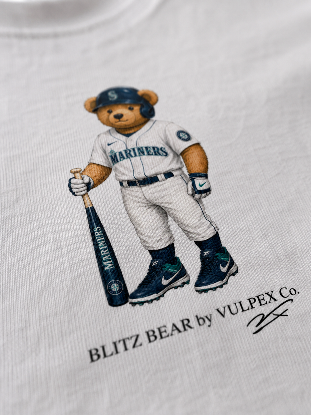 M’s Blitz Bear DTG print macro detail on heavyweight cotton