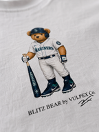 M’s Blitz Bear DTG print macro detail on heavyweight cotton