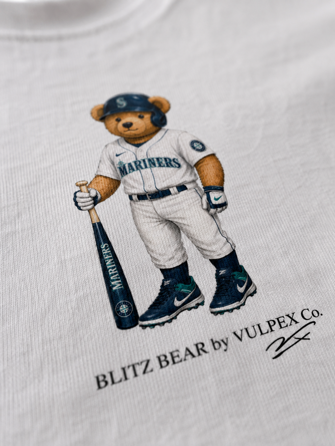 M’s Blitz Bear DTG print macro detail on heavyweight cotton