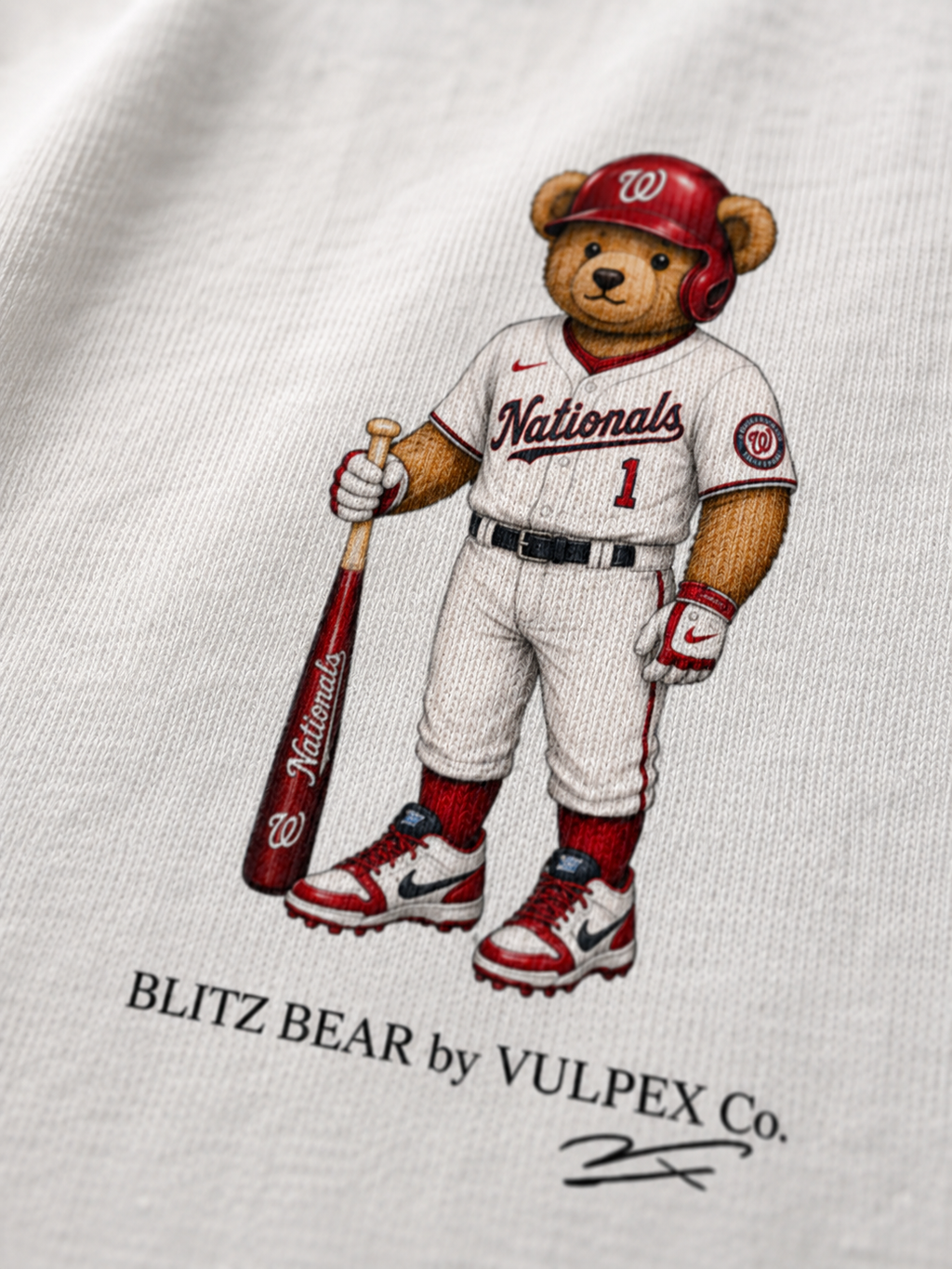 Nats Blitz Bear DTG print macro detail on heavyweight cotton