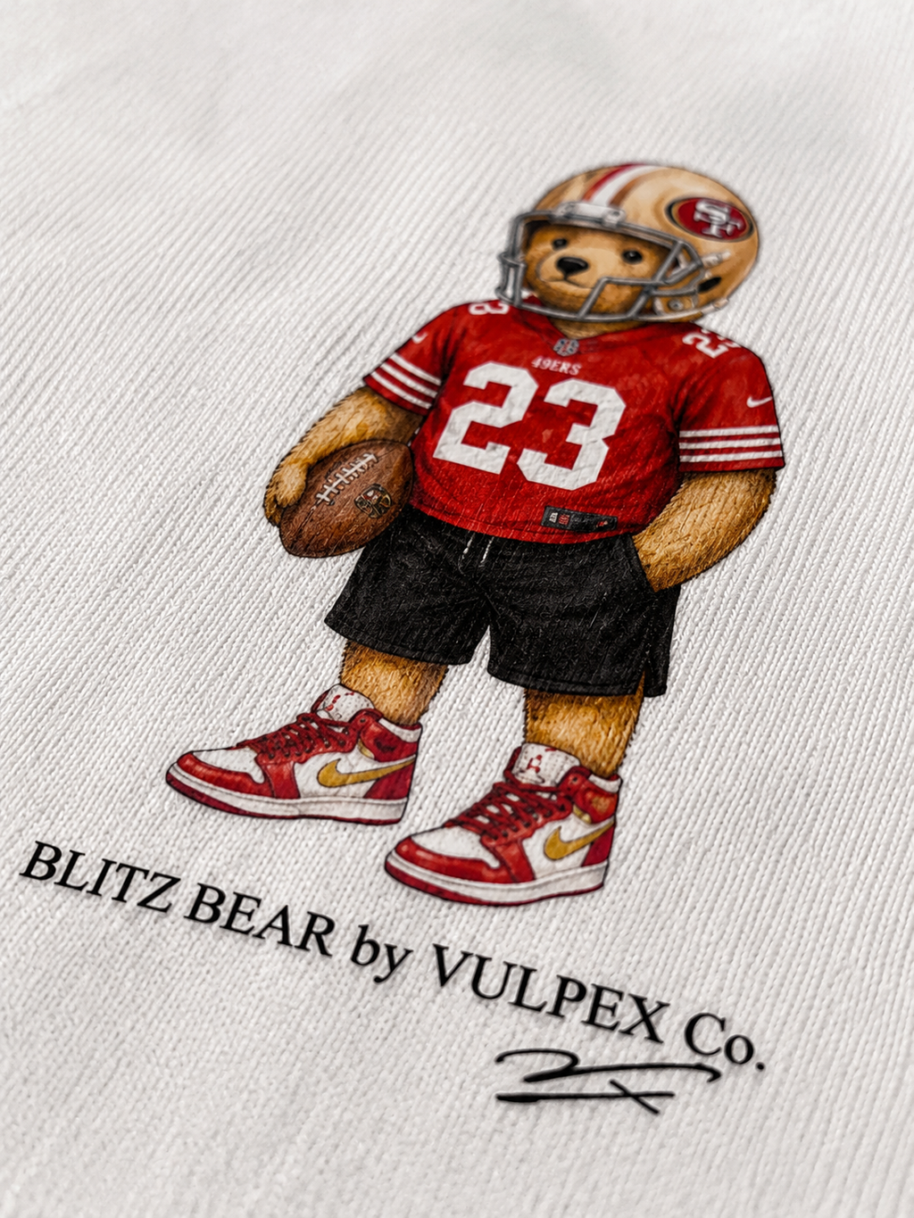 Niners Blitz Bear DTG print macro detail on heavyweight cotton