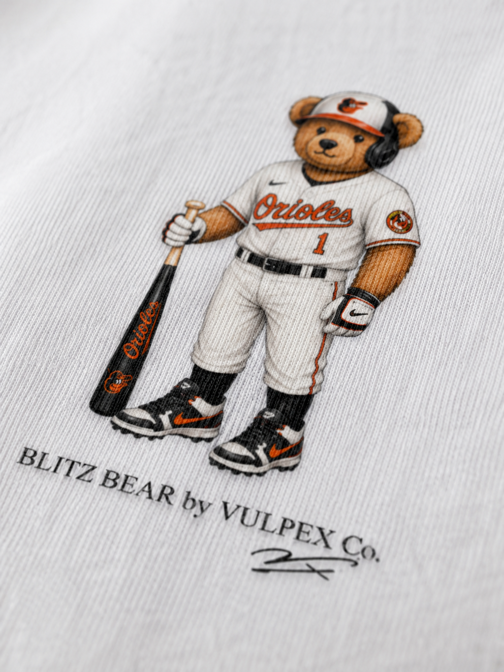 O’s Blitz Bear DTG print macro detail on heavyweight cotton