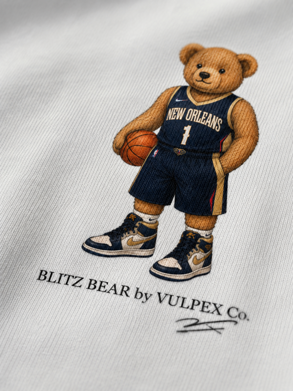 Pels Blitz Bear DTG print macro detail on heavyweight cotton