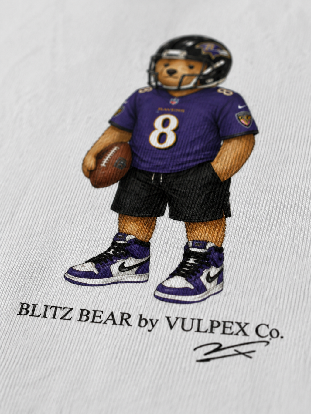 Purple Flock Blitz Bear DTG print macro detail on heavyweight cotton