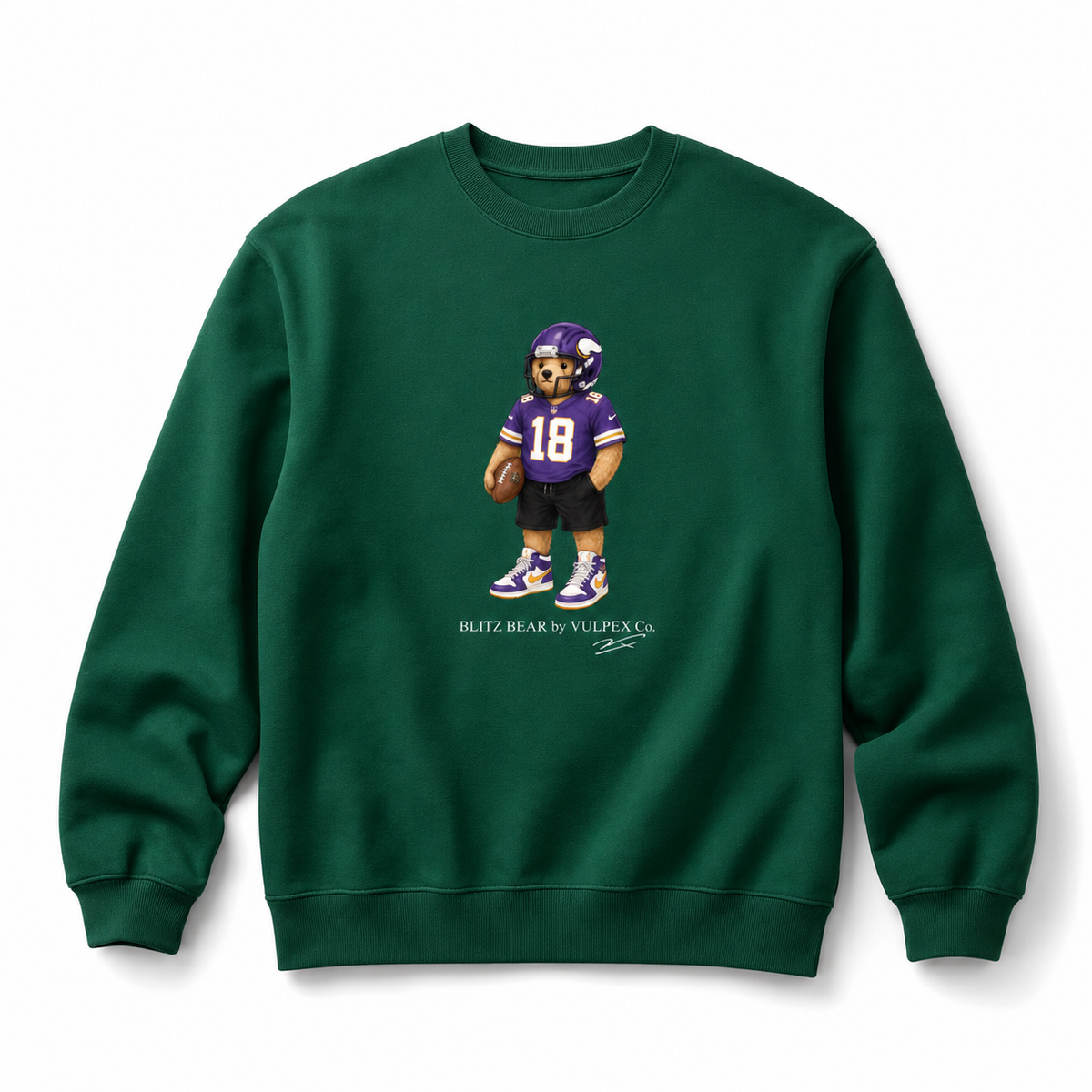 Purple People Eaters Blitz Bear Sweatshirt - Dark Green - premium editorial front