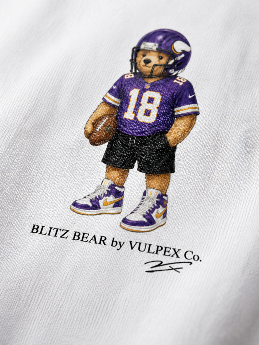 Purple People Eaters Blitz Bear DTG print macro detail on heavyweight cotton