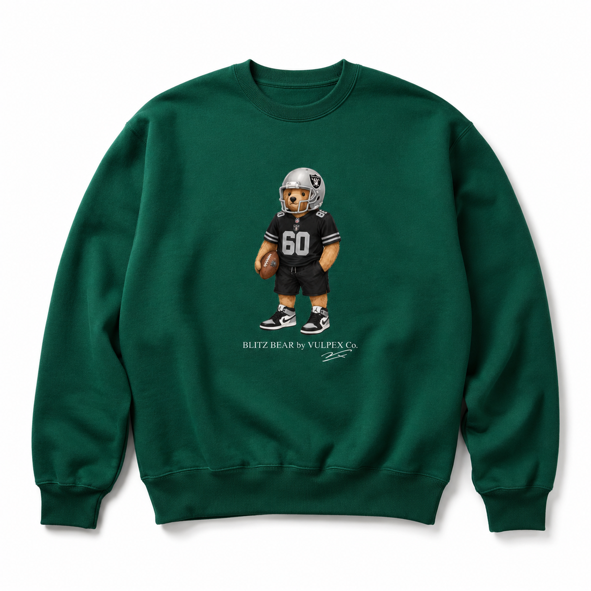 Raider Nation Blitz Bear Sweatshirt - Dark Green - premium editorial front