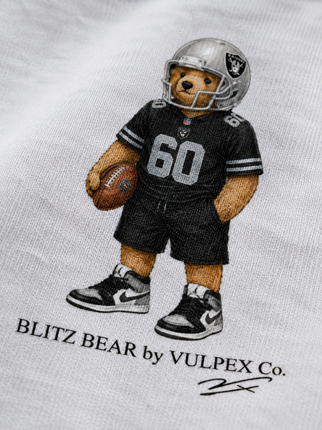 Raider Nation Blitz Bear DTG print macro detail on heavyweight cotton