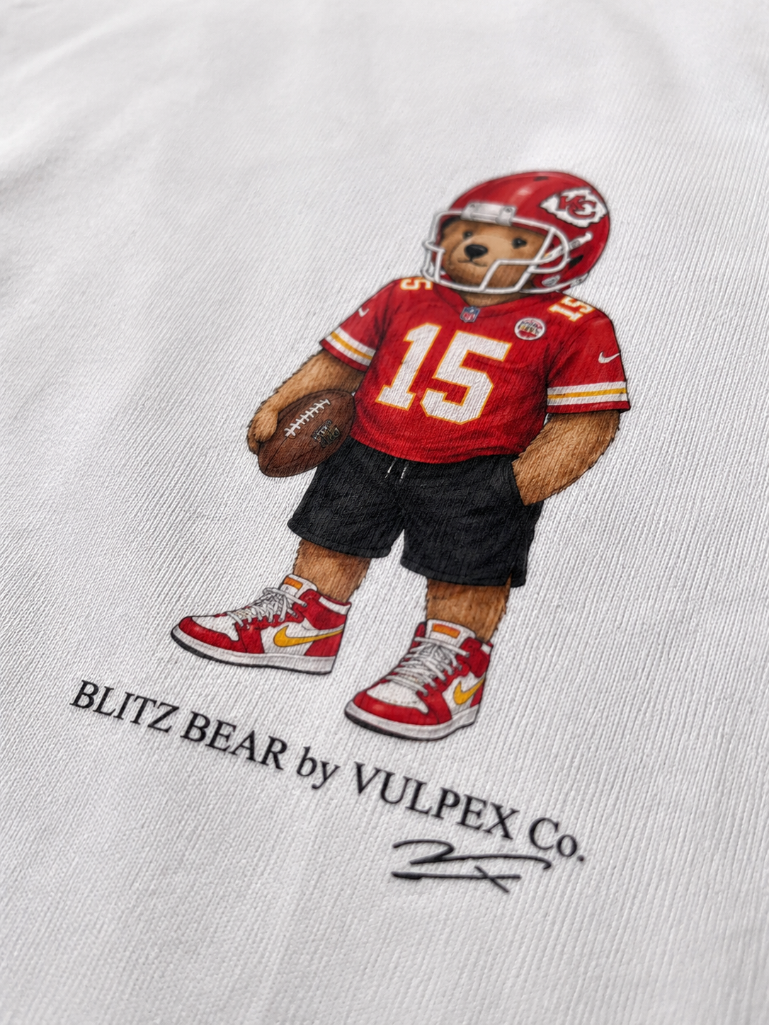 Red Kingdom Blitz Bear DTG print macro detail on heavyweight cotton