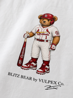 Redbirds Blitz Bear DTG print macro detail on heavyweight cotton