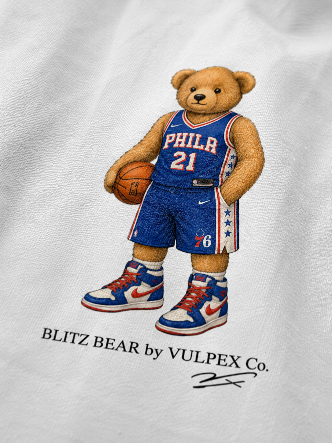 Sixers Blitz Bear DTG print macro detail on heavyweight cotton