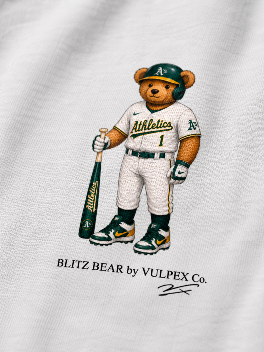 Swingin’ A’s Blitz Bear DTG print macro detail on heavyweight cotton