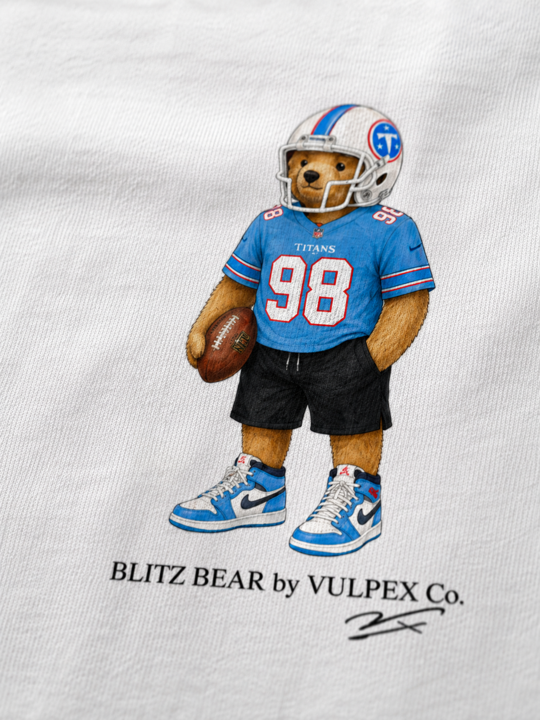 Two-Tone Blue Blitz Bear DTG print macro detail on heavyweight cotton