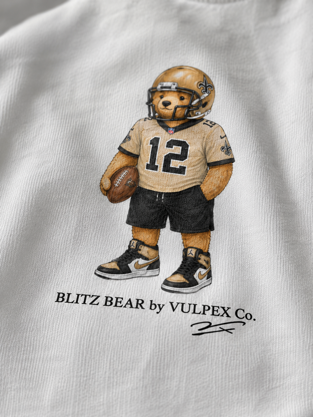 Who Dat Blitz Bear DTG print macro detail on heavyweight cotton