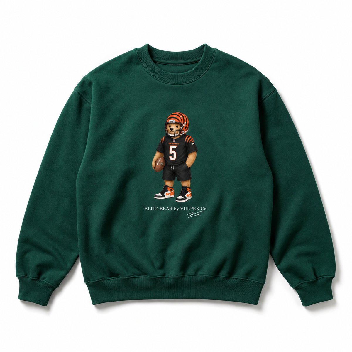 Who Dey Blitz Bear Sweatshirt - Dark Green - premium editorial front